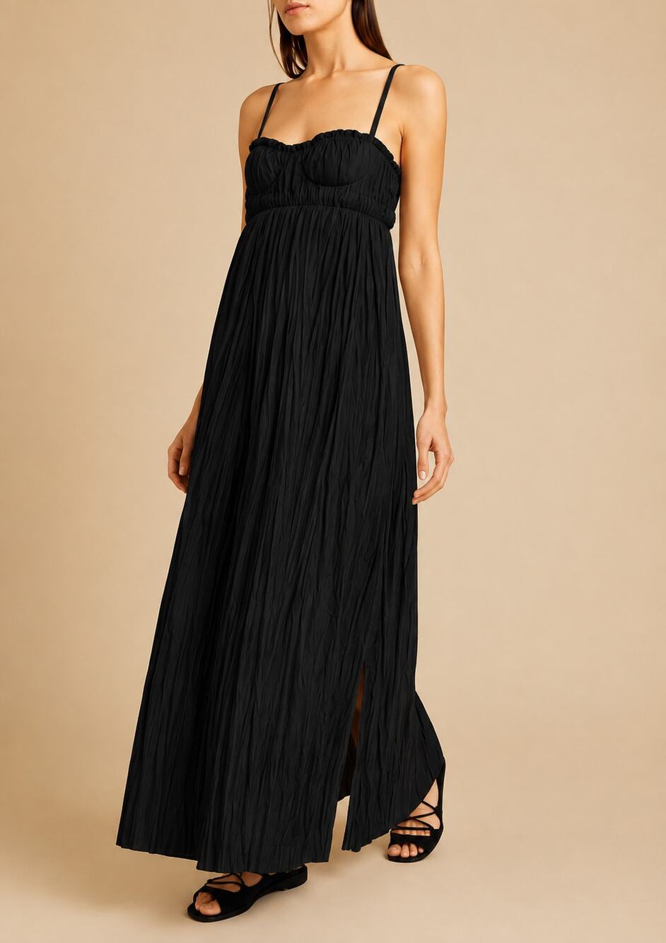 KHAITE | Jordyn Plissé Cotton Twill Maxi Dress Raw Frayed Edges Black 2 - Picture 2 of 16